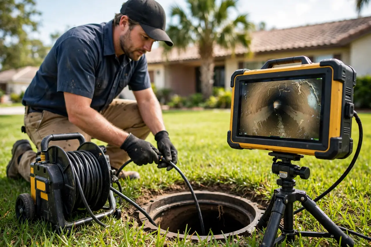 Technician feeding a sewer camera into a cleanout at a Sarasota home